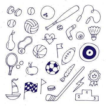 Set of hand drawn sport elements. Sport equipments icons collection. Fitnes.. イラスト素材