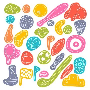 Set of hand drawn sport elements. Sport equipments icons collection. Fitnes.. イラスト素材
