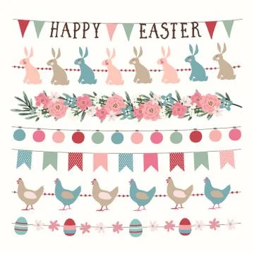 Set of hand drawn spring, Easter garlands with lights, party bunting flags. Hand Stock Illustration