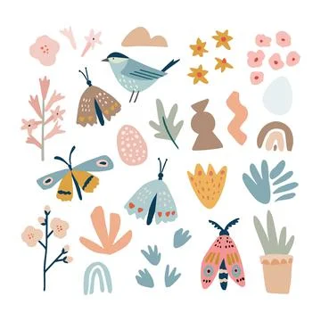 Set of hand drawn spring or summer nature elements, animals. Colorful flowers Illustrazione stock