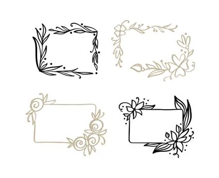 Set of hand drawn square minimalistic frame with spring leaves monogram. Vect イラスト素材