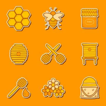 Set of hand drawn stickers on beekeeping theme Stock Illustration
