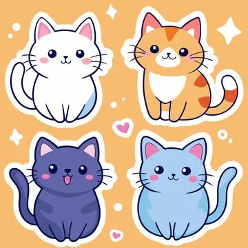 Set of hand drawn stickers with cute cats. Stock Illustration