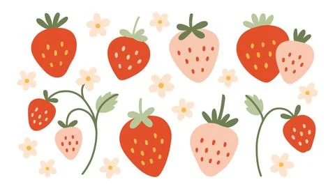 Set of hand drawn strawberry fruit icons with blossoms and leaves. Minimalist Stock Illustration