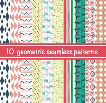 Set of hand drawn style abstract geometric seamless patterns. Stock Illustration