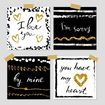 A set of hand drawn style greeting cards in black, golden and white. Valentine s Illustrazione stock