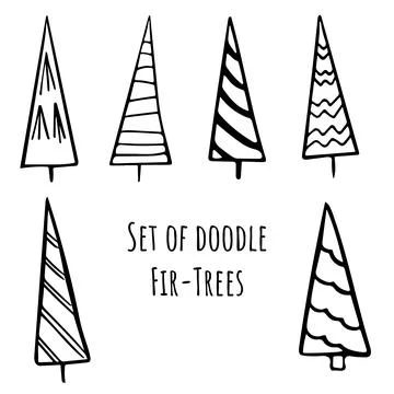 Set of Hand drawn stylized christmas trees in doodle style. Stock vector illu Stock Illustration