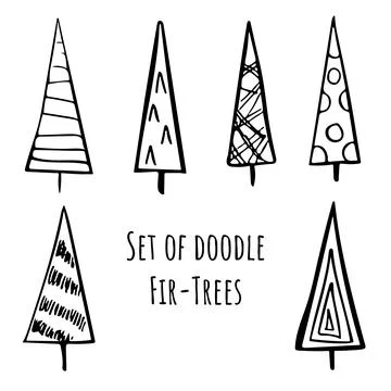 Set of Hand drawn stylized christmas trees in doodle style. Stock vector Stock Illustration
