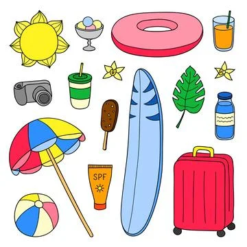 Set of hand drawn summer and vacation items. Stock-Illustration