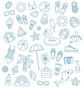 Set of hand drawn summer beach doodle with sea. Travel icons. Vector illust.. Ilustración de archivo