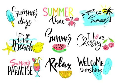 Set of hand drawn summer labels, logos, and elements set for summer holiday Illustrazione stock