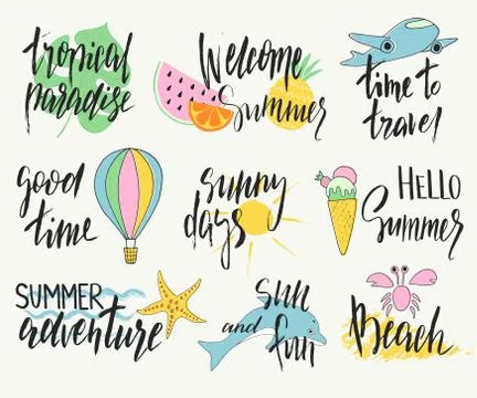 Set of hand drawn summer labels, logos, and elements set for summer holiday,  Stock Illustration