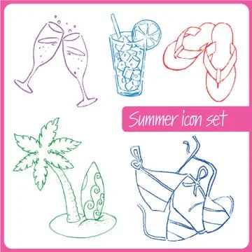 Set of hand drawn summer vacation icons Stock Illustration