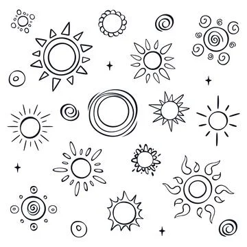 Set of hand drawn sun doodles and spirals in black and white line art Stock Illustration