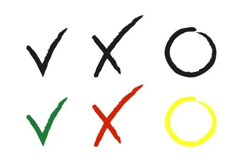 Set of hand drawn symbols for selection. Green check mark, red cross and ye.. Stock Illustration
