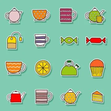 Set of hand drawn teatime stickers Stock Illustration