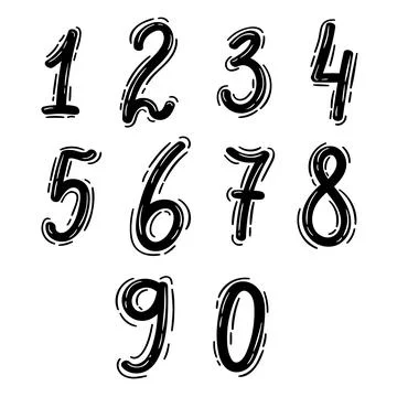 Set of hand drawn ten numbers from zero to nine. Numeral. Doodle style. Math Stock Illustration