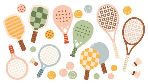 Set of hand drawn tennis rackets, paddle bats, and balls. Minimalist flat Stock Illustration