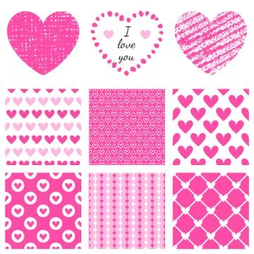 Set of hand-drawn textures heart shapes and romantic pattern Illustrazione stock