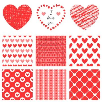 Set of hand-drawn textures heart shapes and romantic pattern Illustrazione stock