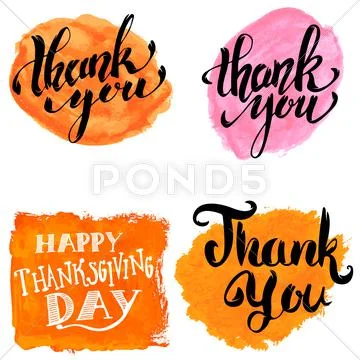 Set Of Hand Drawn Thank You Phrases. Hand Drawn Lettering With Watercolor Sta
