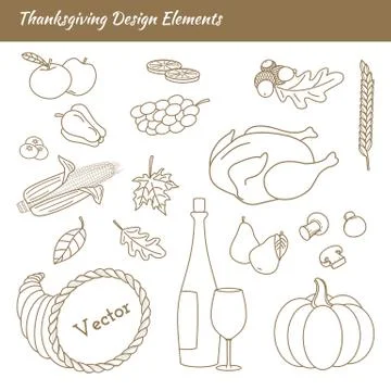 Set of hand drawn Thanksgiving elements made in modern line style vector on w Stock Illustration