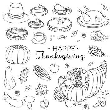 Set of hand drawn thanksgiving items. Stock Illustration