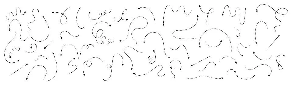 Set of hand drawn thin dash line arrows. Collection of curved pointers. Black Stock Illustration