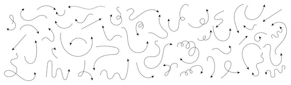 Set of hand drawn thin dash line arrows. Collection of curved pointers. Bla.. Stock Illustration