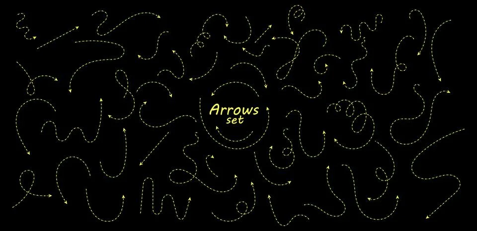 Set of hand drawn thin dash line arrows. Collection of curved pointers. Yello イラスト素材