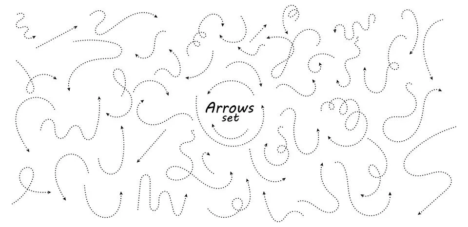 Set of hand drawn thin dash line arrows. Collection of curved pointers. Black Stock Illustration