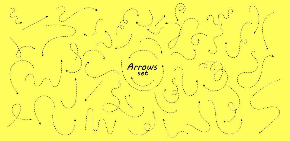 Set of hand drawn thin dash line arrows. Collection of curved pointers. Yello Stock Illustration