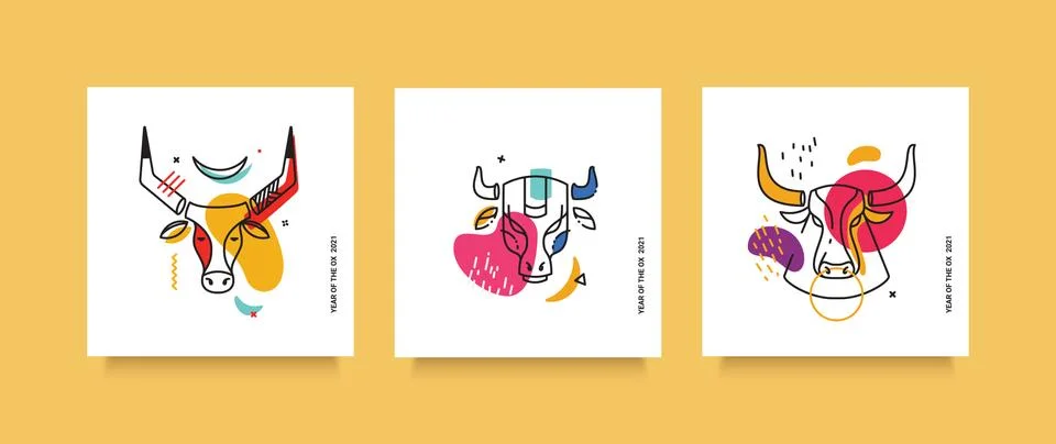 A set of hand-drawn thin line bulls. Modern trends in illustration. Social media Stock Illustration
