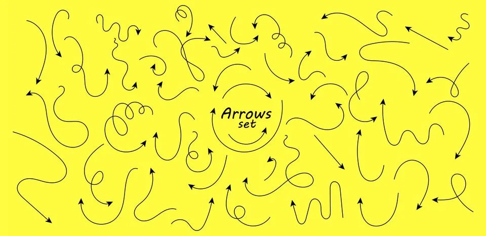 Set of hand drawn thin line arrows. Collection of curved pointers. Black ve.. Stock Illustration
