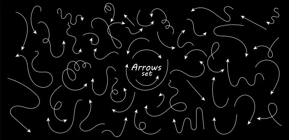 Set of hand drawn thin line arrows. Collection of curved pointers. Black vect Stock Illustration