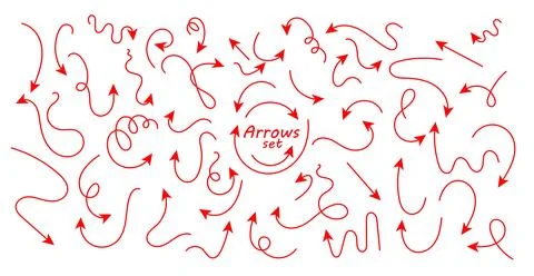 Set of hand drawn thin line arrows. Collection of curved pointers. Red pointe Stock Illustration