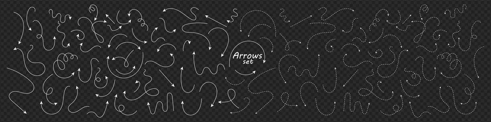 Set of hand drawn thin line and dash line arrows. White curved vector pointers Stockillustratie