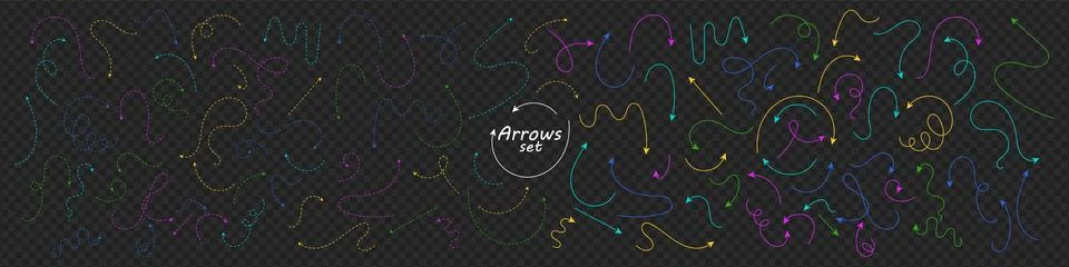 Set of hand drawn thin line and dash line arrows. Colorful curved vector Stock Illustration
