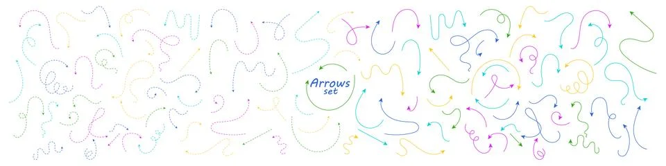 Set of hand drawn thin line and dash line arrows. Colorful curved vector Stock Illustration
