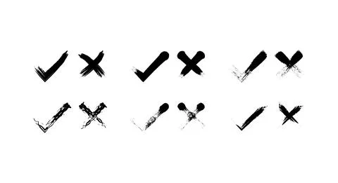 Set of hand drawn tick and cross marks. isolated on white background. Vector  Illustrazione stock