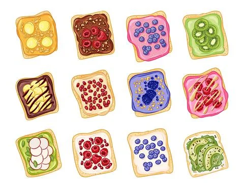 Set of hand drawn toasts isolated icons. Sandwiches doodles with different sp Stock Illustration