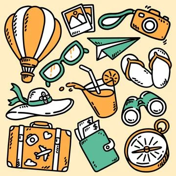 Set of hand drawn travel elements Stock Illustration