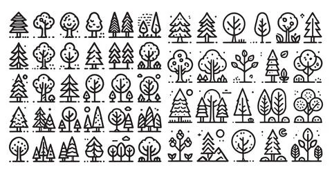 Set of hand drawn tree line vector icons with various plant shapes and forest 库存插图