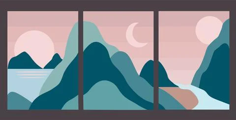 Set of hand drawn trendy vector landscape illustrations. Stock Illustration