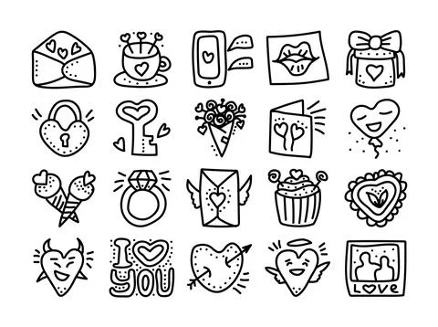 Set of hand drawn Valentines day Doodle vector icons. Valentine day Love Hear Illustrazione stock
