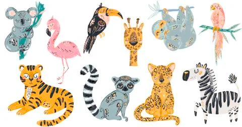 Set Hand drawn various cute jungle animals in doodle style. Colored vector se Illustrazione stock