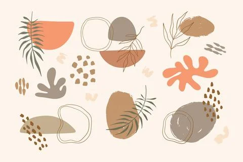 Set of hand drawn various Shapes and Leaves. Boho Abstract elements Illustrazione stock