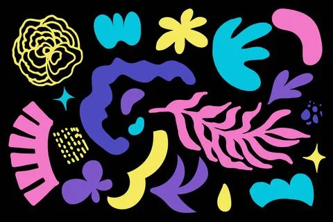 Set of Hand drawn various Shapes and Doodle objects silhouettes on black Stock Illustration