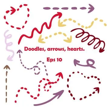 Set of hand-drawn vector arrow doodles signs.The arrows vary in size, direc.. Stock Illustration