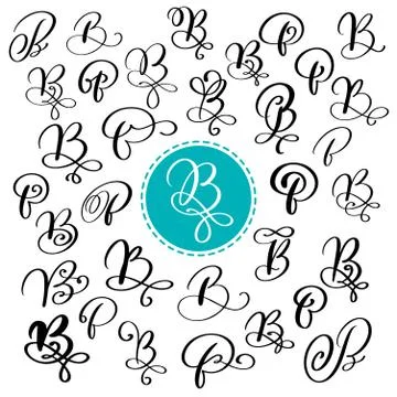 Set of Hand drawn vector calligraphy letter B. Script font. Isolated letters Stock Illustration